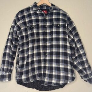 Wrangler Quilted Flannel Shirt Jacket Blue Black Plaid Lined Shacket Medium
